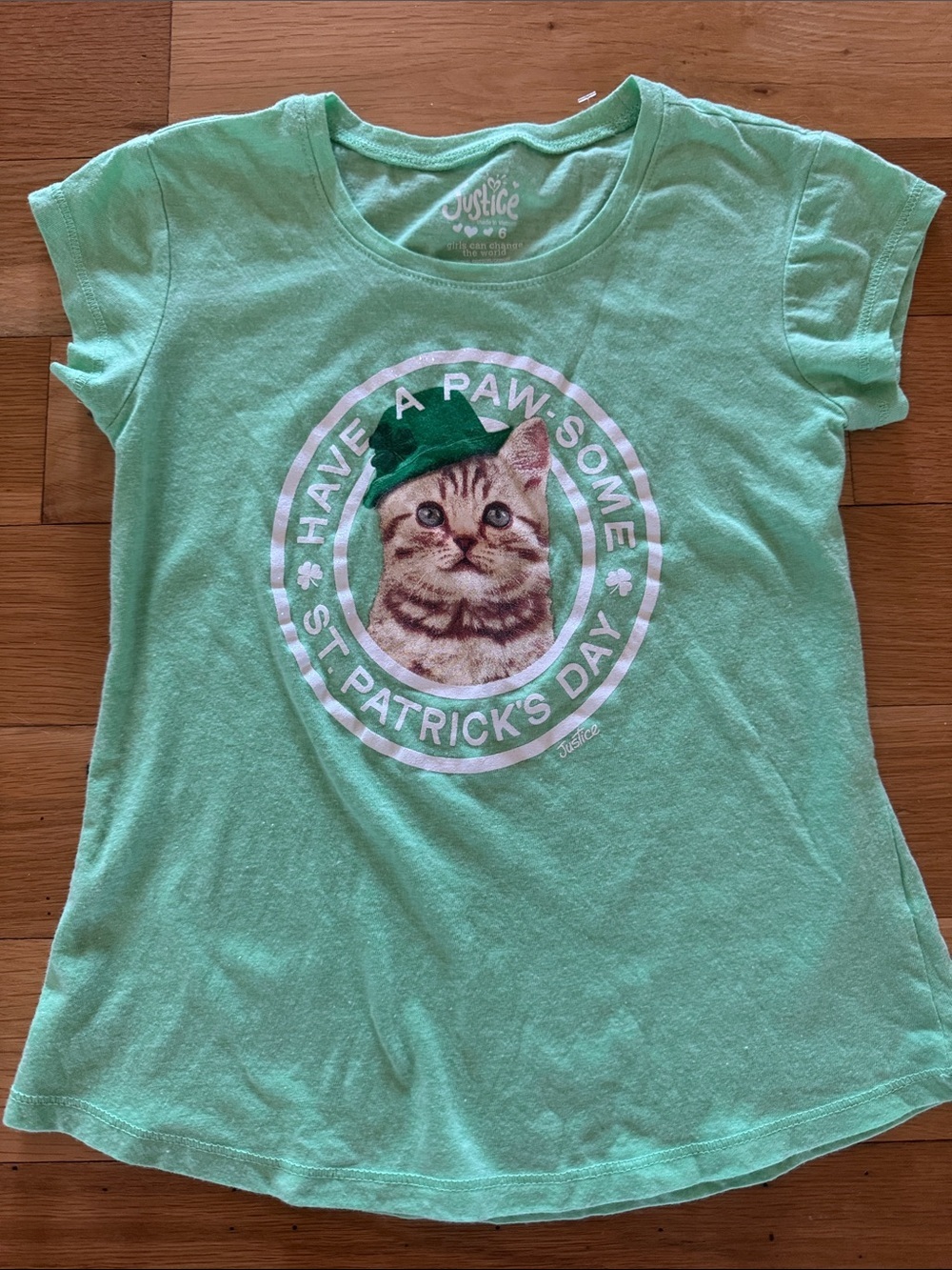 Justice Mint Green Short Sleeve Tee with Kitten St. Patrick's Graphic